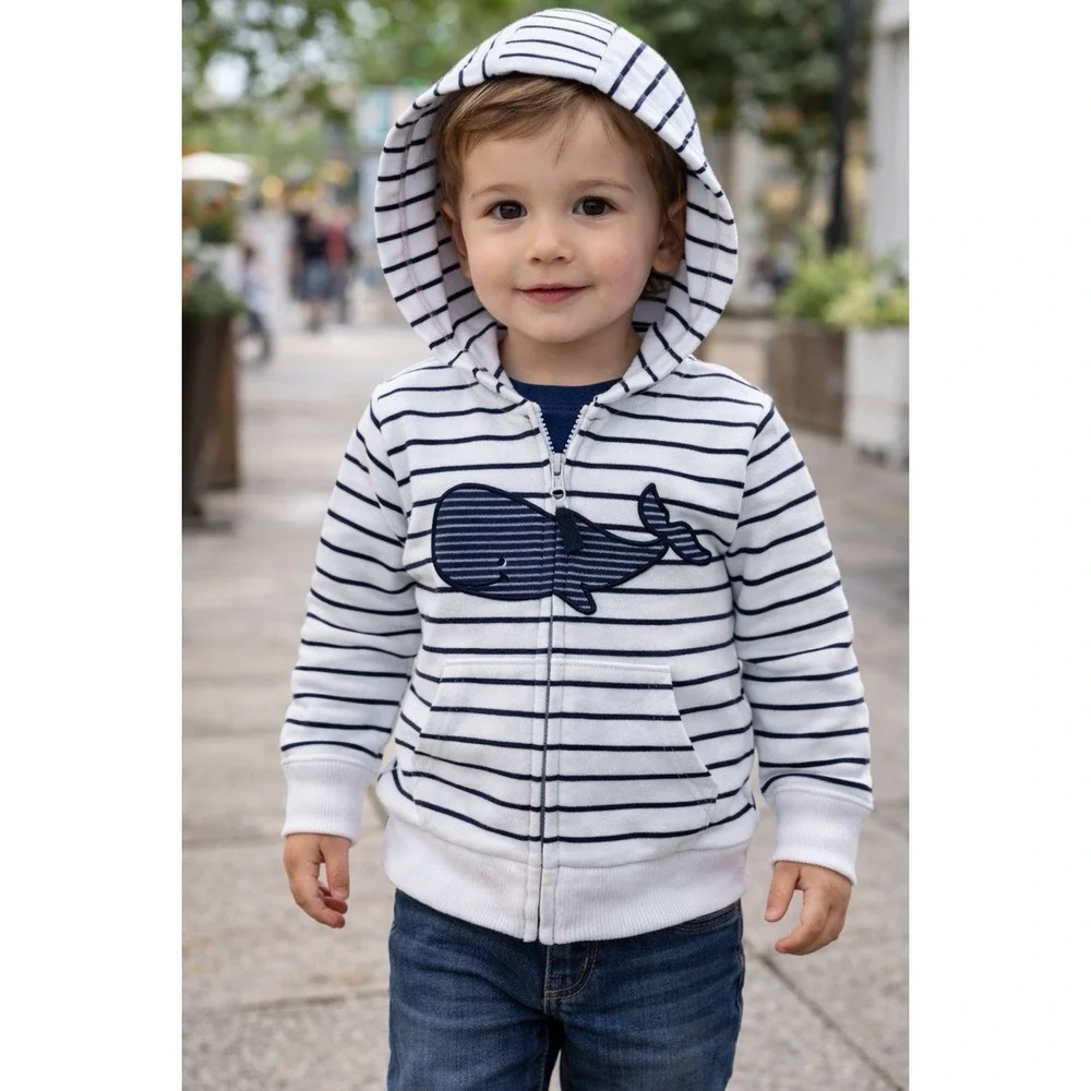 Carters Baby Boy Whale Striped Zip Up Hoodie White Navy Nautical 18M NWT